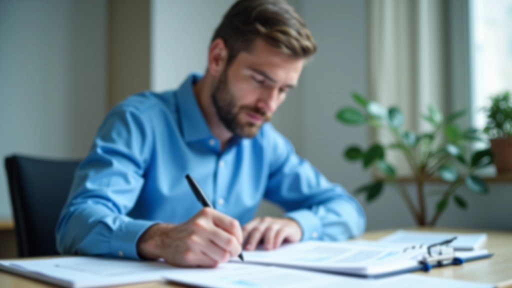 Muž si dělá poznámky do notýsku s grafy a výpisy financí na stole