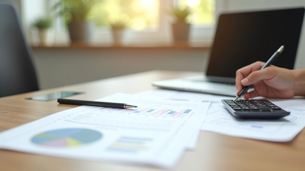 Moderní kancelářský prostor s počítačem a finančními materiály na stole