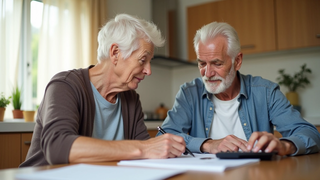 Starší pár sedí u stolu a plánuje své finanční cíle s notebookem