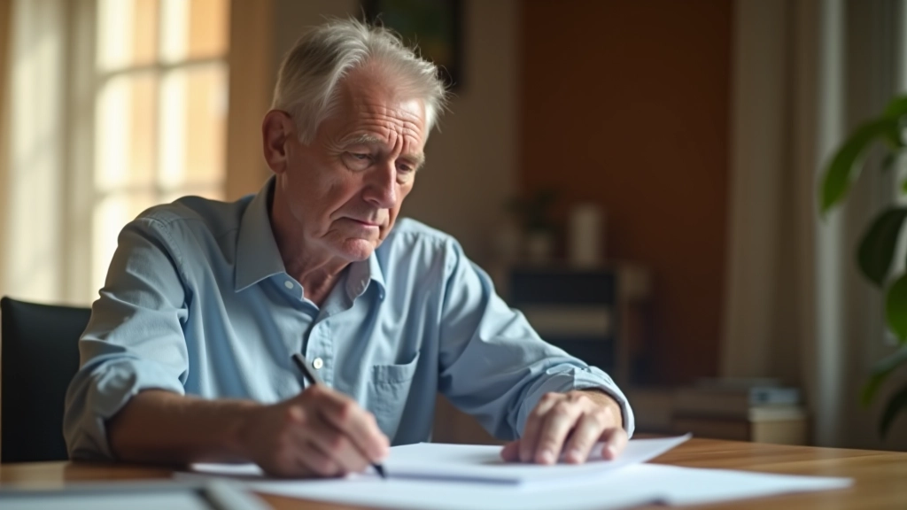Starší muž s brýlemi studuje papíry a finanční plány, soustředěný výraz, domácí prostředí