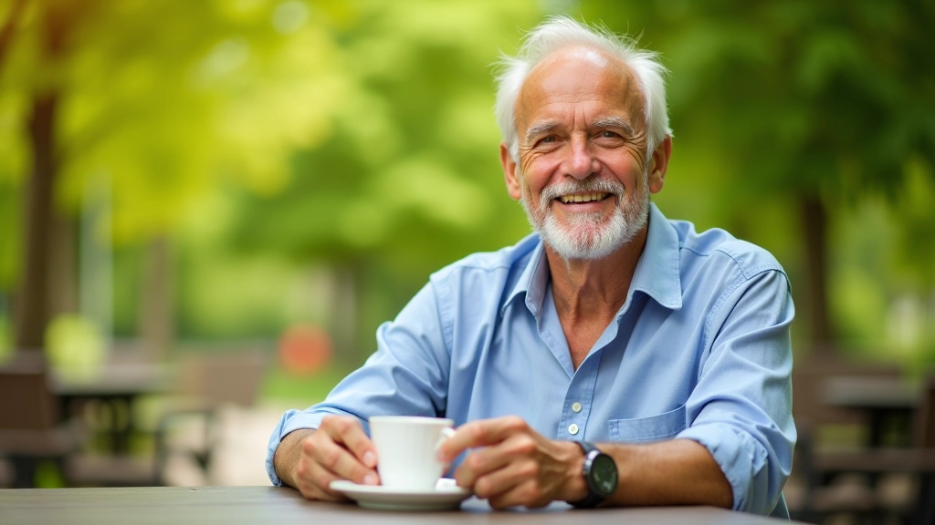 Důchodce si užívá volný čas, sedí venku s přáteli a pije kávuu