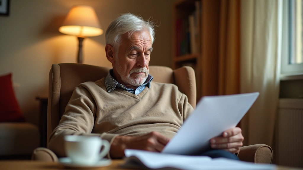 Důchodce čte finanční dokumenty v domácnosti s šálkem čaje