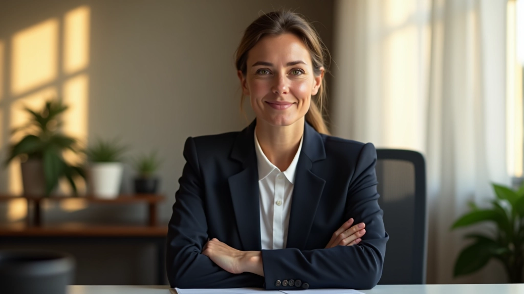 Středního věku žena s úsměvem v kanceláři, profesionální přístup, přirozené osvětlení