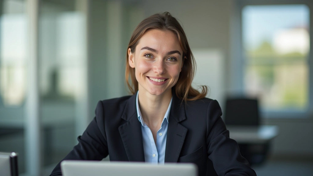 Mladá žena v kanceláři u notebooku, sebevědomě se usmívá, moderní kancelářské prostředí